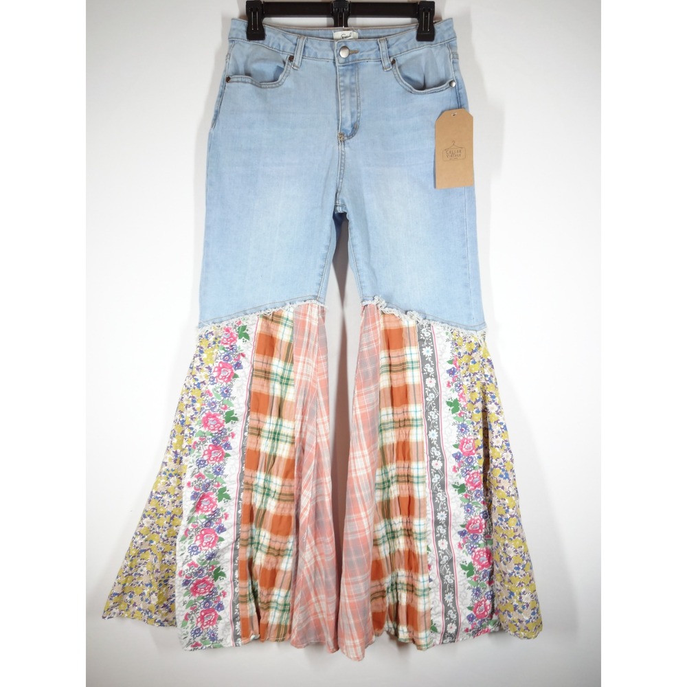 Boho Festival Patchwork Flare Jeans Women Small Light Blue Bell Bottom Hippie 70